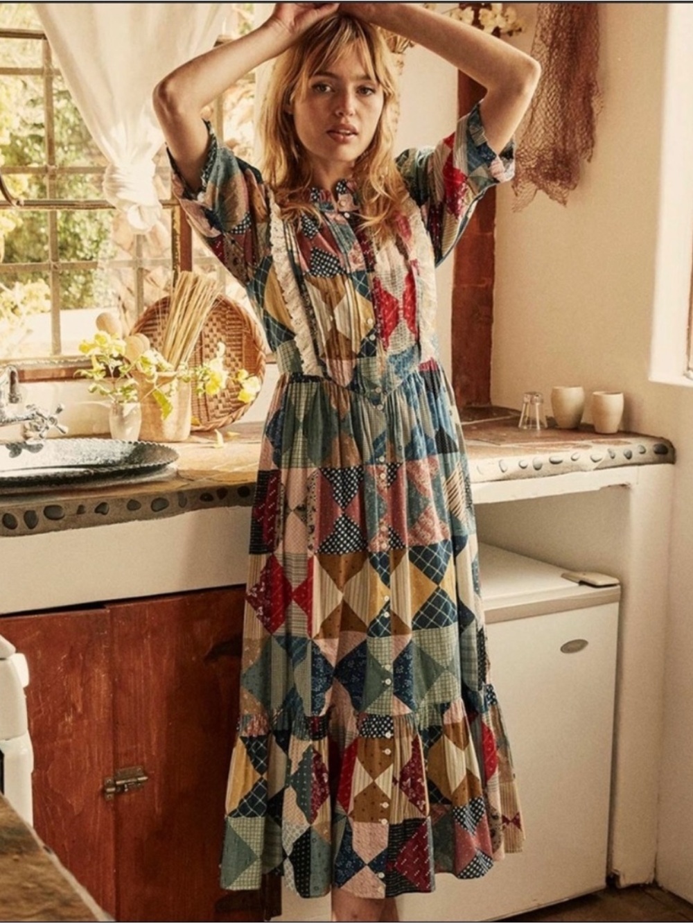 Doen Darby Quilt Patchwork Midi Dress Colorful Medium Feminine Prairie
